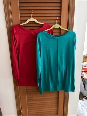 Denim&Co Red and Teal Knit Tunics - 2 Pack